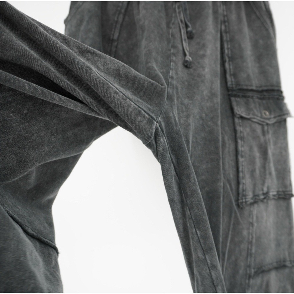 Easel Womens Utility Mineral Washed Wide Leg Terry Knit Cargo Pant Black Large - Picture 10 of 15